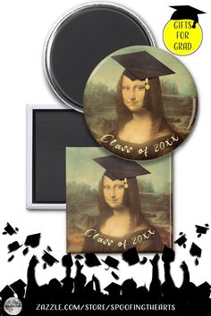 two magnets with the image of monani in graduation cap and gown on them