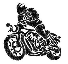 a black and white drawing of a motorcyclist on a motorcycle with the words,