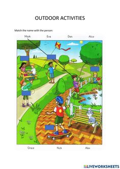 an outdoor activity book for children with pictures of people in the park and on skateboards