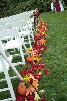 rows of white chairs with pumpkins and flowers on the grass next to each other