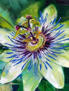 an oil painting of a white flower with blue and yellow stamens on it