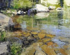 an oil painting of rocks and water in a river with green grass, trees and bushes