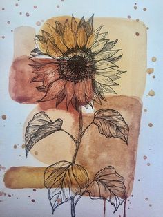 a drawing of a sunflower with brown spots on the background and watercolor paint