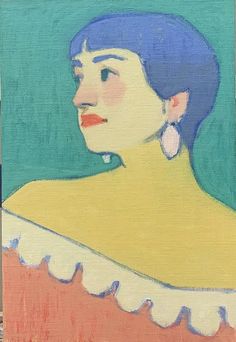 a painting of a woman with blue hair and earring's in yellow dress