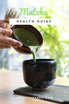 a person pouring green liquid into a black bowl