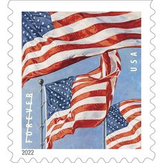 two postage stamps with american flags on them