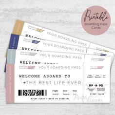 three boarding cards with the words, welcome aboard to the best life ever