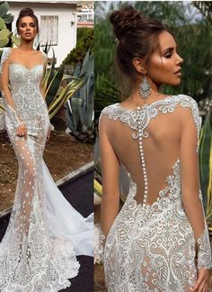 the back of a wedding dress with an open back and sheer lace detailing on it