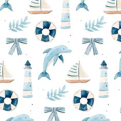 a watercolor pattern with dolphins and lighthouses