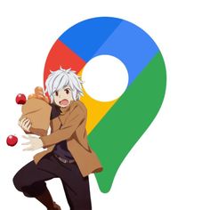 an anime character with white hair is holding a bag in front of a google logo