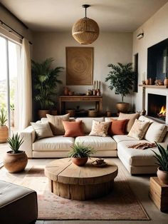 a living room filled with furniture and potted plants on top of a wooden table