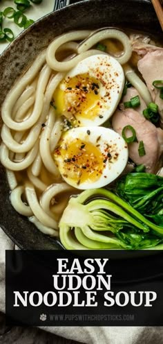 an easy udon noodle soup with eggs and broccoli