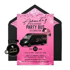 a pink and black party bus birthday card