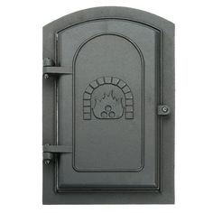 an open fire door with a clock on the front and side panels in grey color