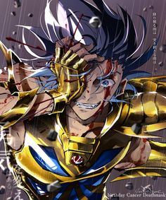 an anime character with blue hair and gold armor holding his hand up to his face