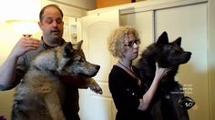 a man and woman holding two dogs in front of a mirror with their eyes closed