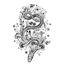 a black and white drawing of a snake with flowers on it's back side