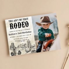 a birthday card with a photo of a young boy on a motorcycle and cactus in the background