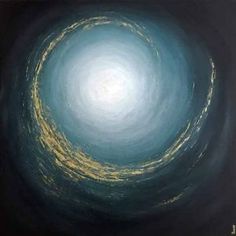 an oil painting of a black hole with yellow and white swirls in the center