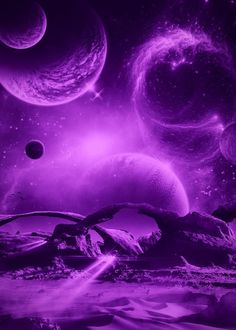 an alien landscape with planets and stars in the background