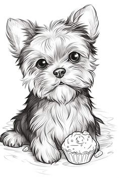 a drawing of a small dog sitting next to a cupcake and muffins