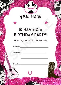 a pink and black cowgirl birthday party card with the words, it's having a