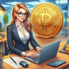 a woman sitting at a desk in front of a laptop computer with a bitcoin on the screen