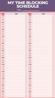 the printable time blocking schedule is shown in pink and white with black numbers on it