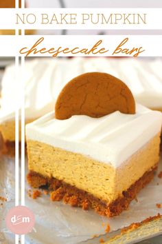 no bake pumpkin cheesecake bars on a plate with text overlay that reads, no bake pumpkin cheesecake bars