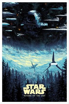 star wars return of the jedi movie poster with spaceships in the sky and trees