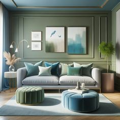 a living room with green walls and blue accents on the couch, coffee table and ottoman