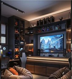 a living room filled with lots of furniture and a flat screen tv mounted to the wall