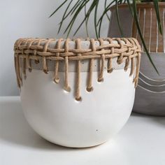 a white vase with some brown lines on it and a potted plant in the background