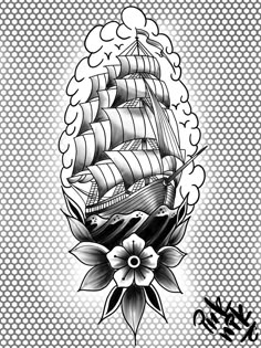 an old school tattoo design with a ship and flowers