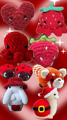 several crocheted items are arranged in the shape of animals and hearts on a red background