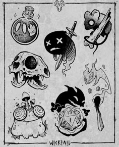 an old school tattoo design with skulls and other items