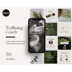 a cell phone with the words well being coach on it next to an image of flowers and leaves