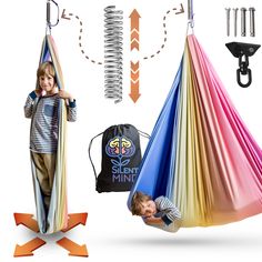 a young boy laying in a colorful hammock with other items surrounding him and his back to the camera