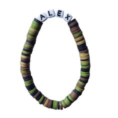 6mm camo heishi beads with custom, square word Sizing is based on child's age Men/ Male Camo Bracelet Pattern, Boy Bracelet Ideas, Bracelet Ideas For Boys, Camo Bracelet, Mens Bracelet Diy, Boys Bracelets, Pony Bead Bracelets, Boys Necklace