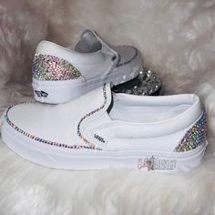 Want bling, but just the right amount? Look no further! My Custom Crystal Border Bling Vans Classic Slip-Ons are a perfect match! Order your custom vans for your Birthday Party, Wedding, Prom or other significant event! All Vans are purchased directly from Vans.com. If size isn't available, they will be purchased from Champs, Lady Footlocker, Zappos, Journeys, or Finish Line. Choose between the original slip on or the platform slip on. Choose from 4 of our most popular crystal colors: -Crystal C Bling Vans Shoes, Bling Slip On Vans, Bedazzled Vans, Rhinestone Vans, Prom Sneakers, Bridal Vans, Custom Vans Slip On, Custom Slip On Vans, Bride Sneakers