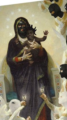 an image of a woman holding a child surrounded by other women and cats in the background