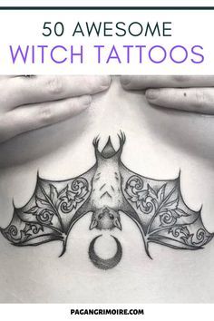 a woman's stomach with the words, 50 awesome witch tattoos on it and an image