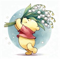 a winnie the pooh character holding lily of the valley flowers