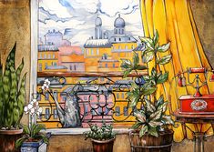 a painting of a window with potted plants in front of it and a view of the city