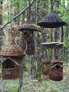 several bird houses hanging from trees in the woods