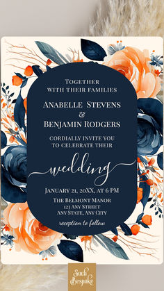 an orange and blue floral wedding card with the words, together in black on it