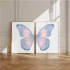 two framed butterfly prints on the wall in an empty room with parquet flooring