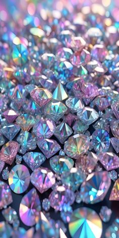 many different colored diamonds on a black surface with pink and blue lights in the background