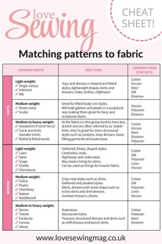 the love sewing chart with instructions for how to sew and how to use it