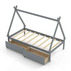 a bed frame with drawers underneath it on top of a white surface and bottom shelf